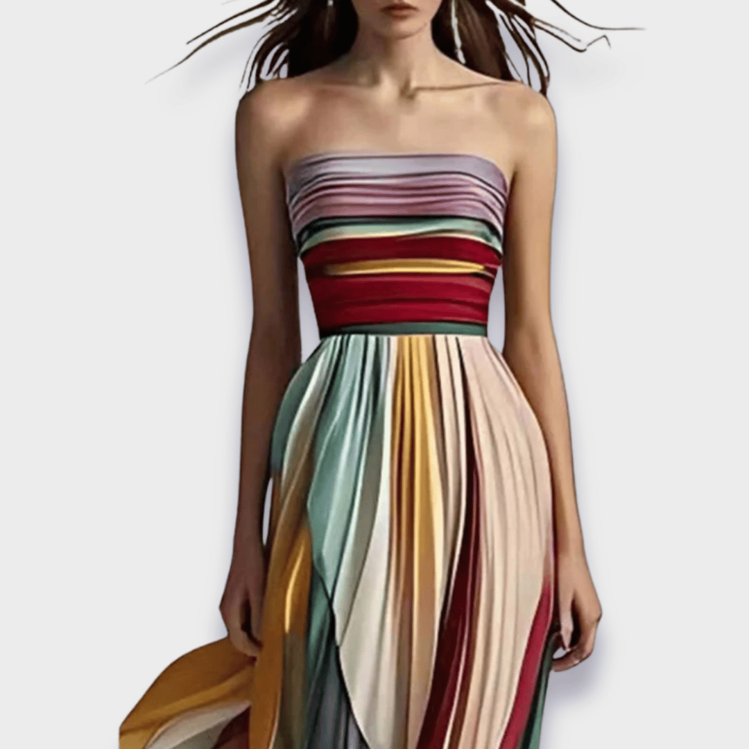 Viviane | Damen Colorblock Plissiertes Trägerloses Maxi Kleid