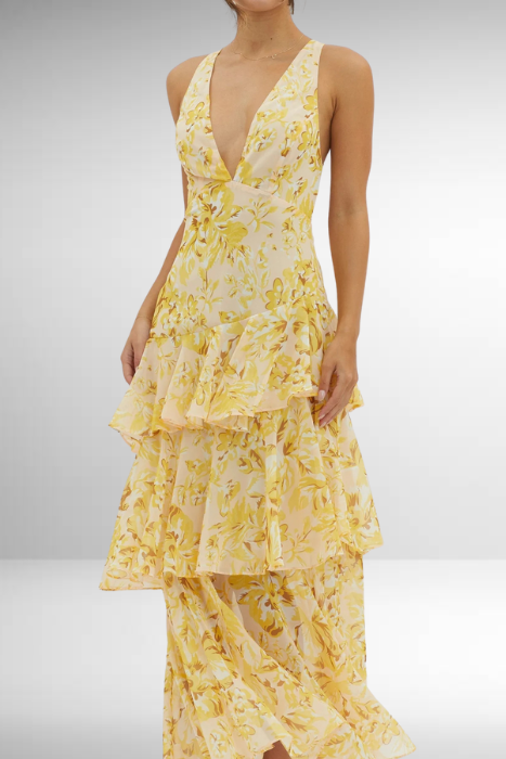 Kirsten | Damen Elegantes Geblümtes Stufen-Maxikleid