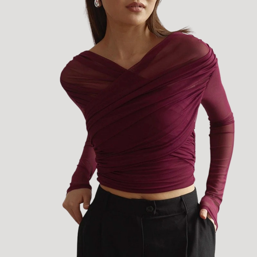 Frieda | Damen Frühlings Transparentes Wickel-Oberteil mit Langarm