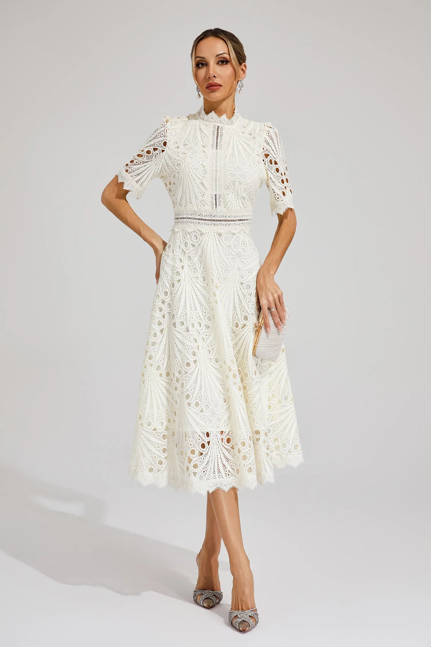 Jasmin | Damen Schickes Spitzen Midi Kleid