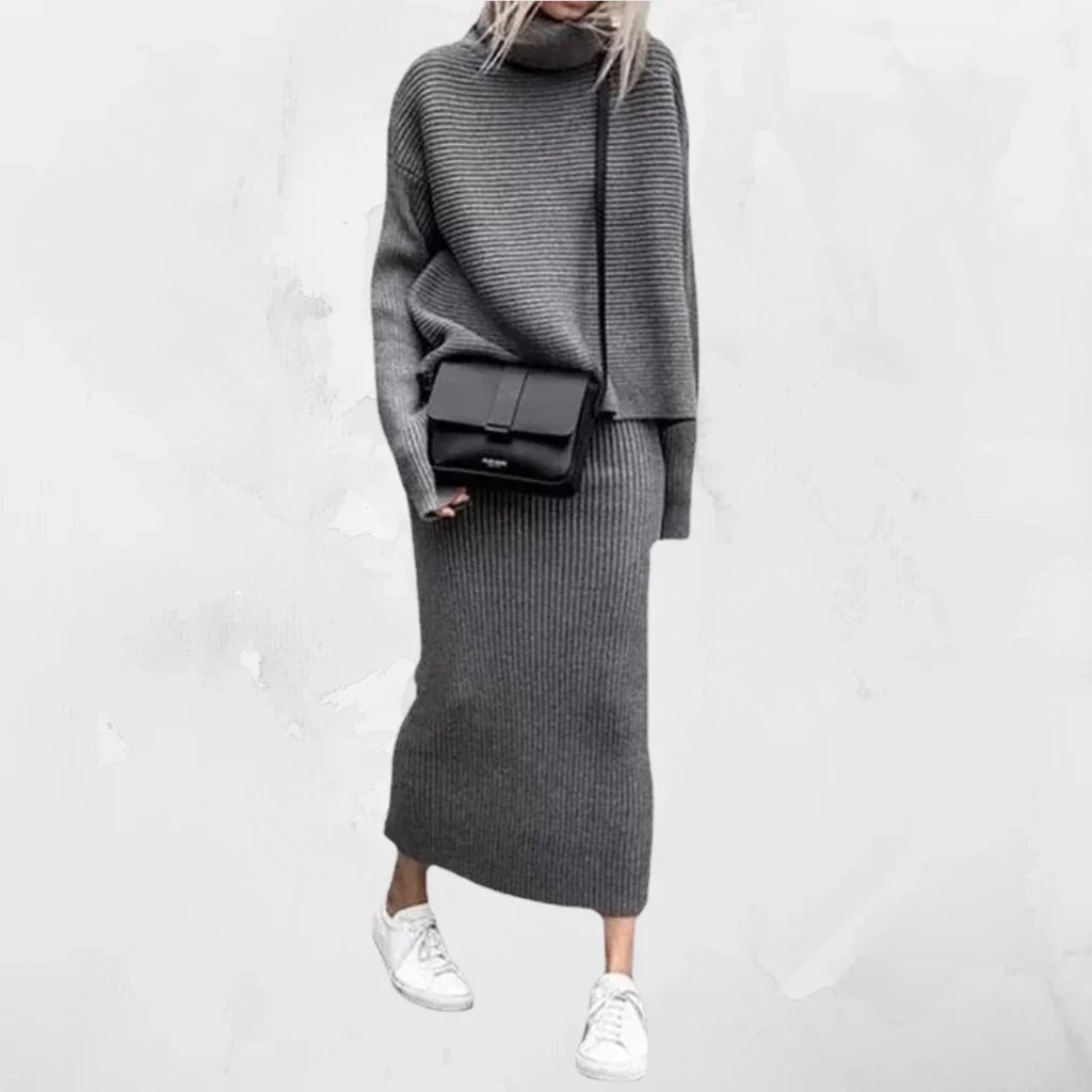 Ursula | Damen Herbst Geripptes Strick Zweiteiler-Rockset