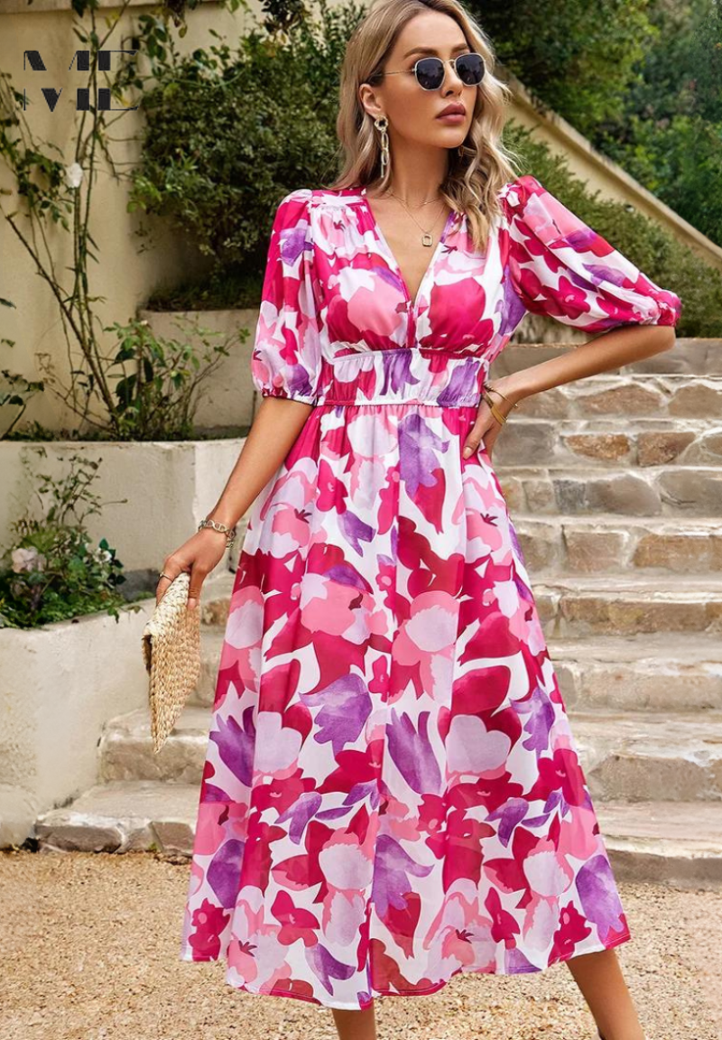 Michaela | Damen Abstrakt Print Wickel Midi Kleid