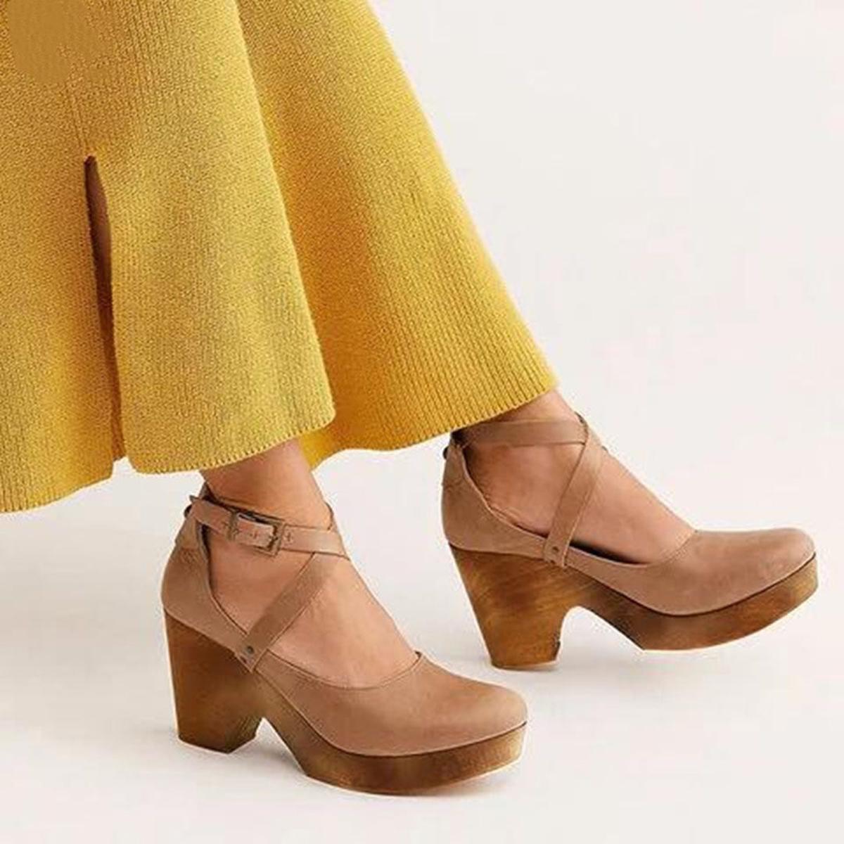 Claudia | Damen Holz-Absatz-Schuhe mit Knöchelriemen