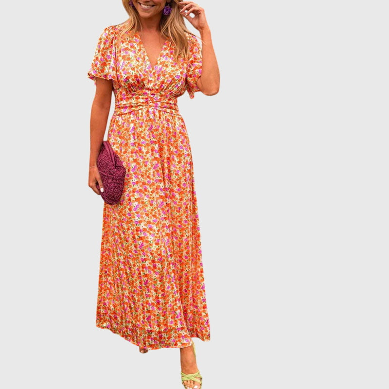 Leonie | Damen Maxikleid mit Blumenmuster und Kurzärmeln