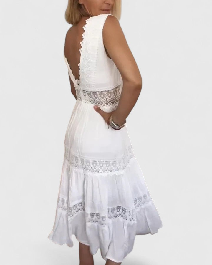 Leonie | Damen Lässiges Midikleid mit V-Ausschnitt und Spitze