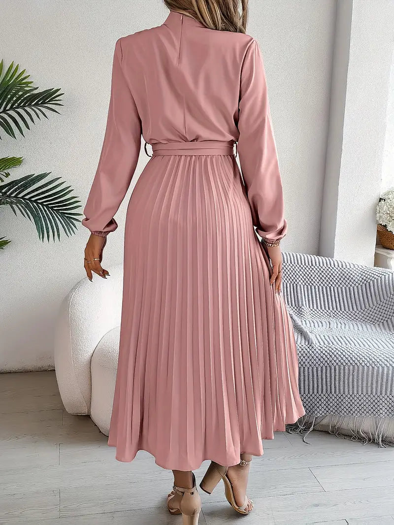 Frieda | Damen Midikleid mit hohem Kragen, Falten und Gürtel