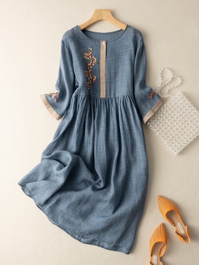 Leonie | Damen Sommer Midi-Kleid mit Ethno-Stickerei