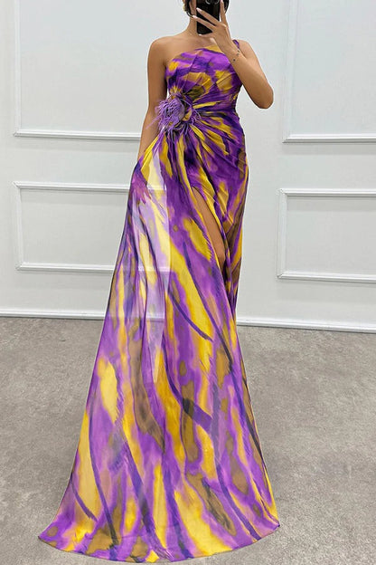 Eva | Damen Maxikleid mit Seitenschlitz und Federverzierung