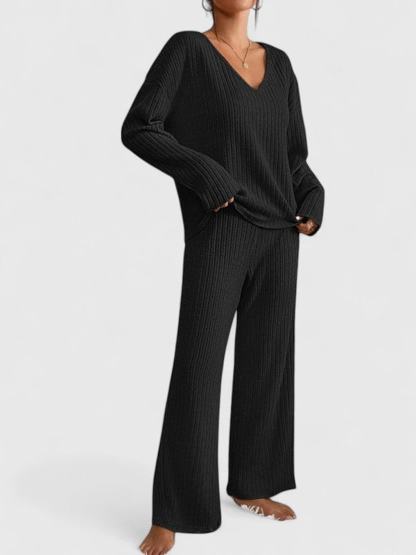 Eva | Damen Geripptes Weites Hosen-Zweiteiler-Set
