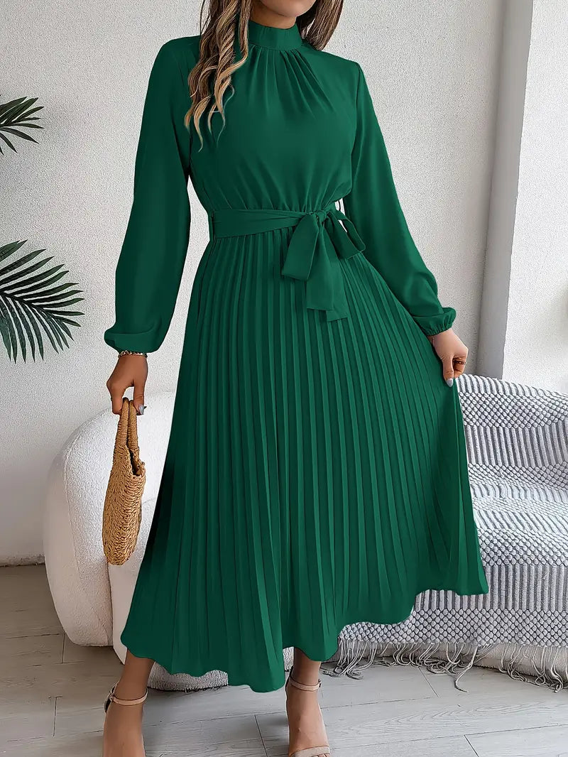 Frieda | Damen Midikleid mit hohem Kragen, Falten und Gürtel