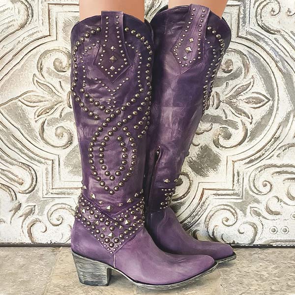 Elke | Damen Westernstiefel mit Nieten, knielang