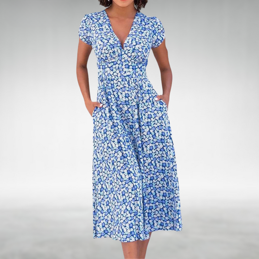 Helene | Damen Blumen V-Ausschnitt Midi Kleid mit Taschen