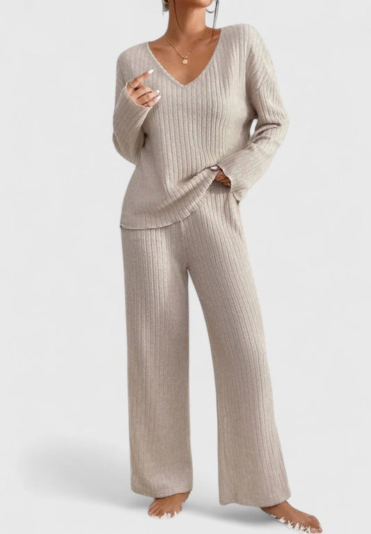 Eva | Damen Geripptes Weites Hosen-Zweiteiler-Set