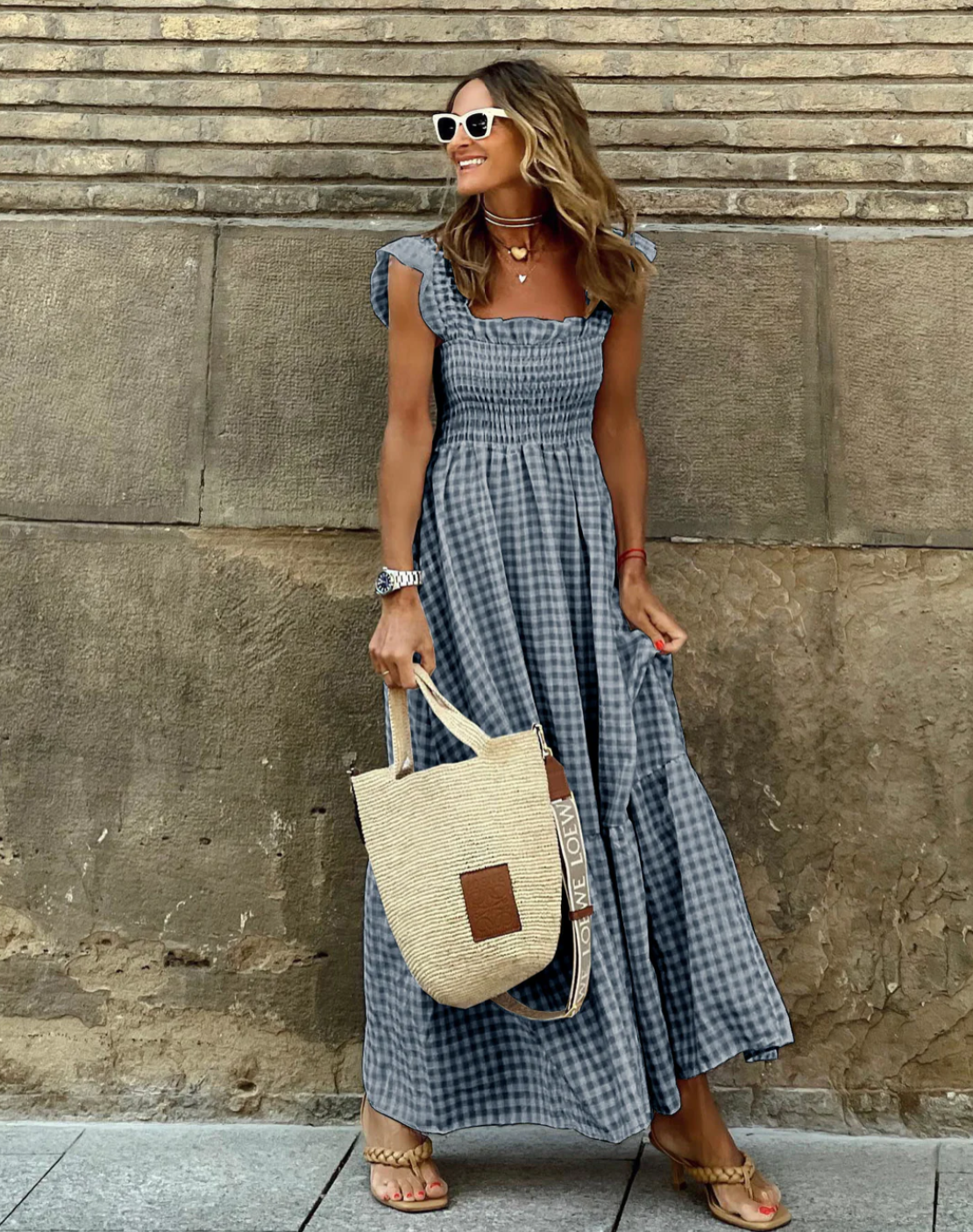 Daniela | Damen Maxikleid mit Smok und Rüschenärmeln