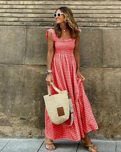 Daniela | Damen Maxikleid mit Smok und Rüschenärmeln