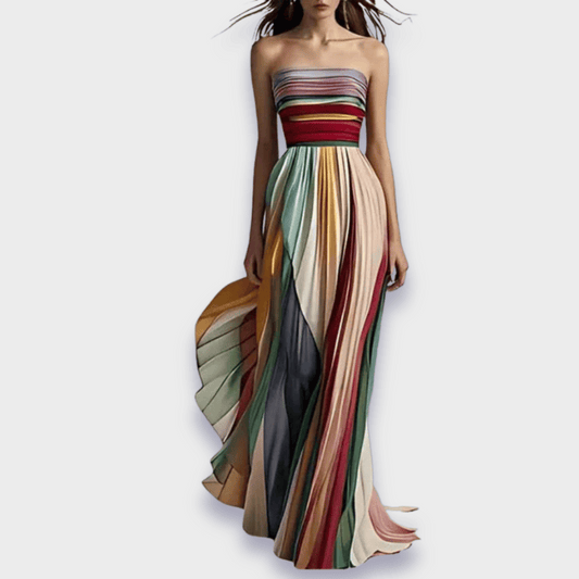 Viviane | Damen Colorblock Plissiertes Trägerloses Maxi Kleid