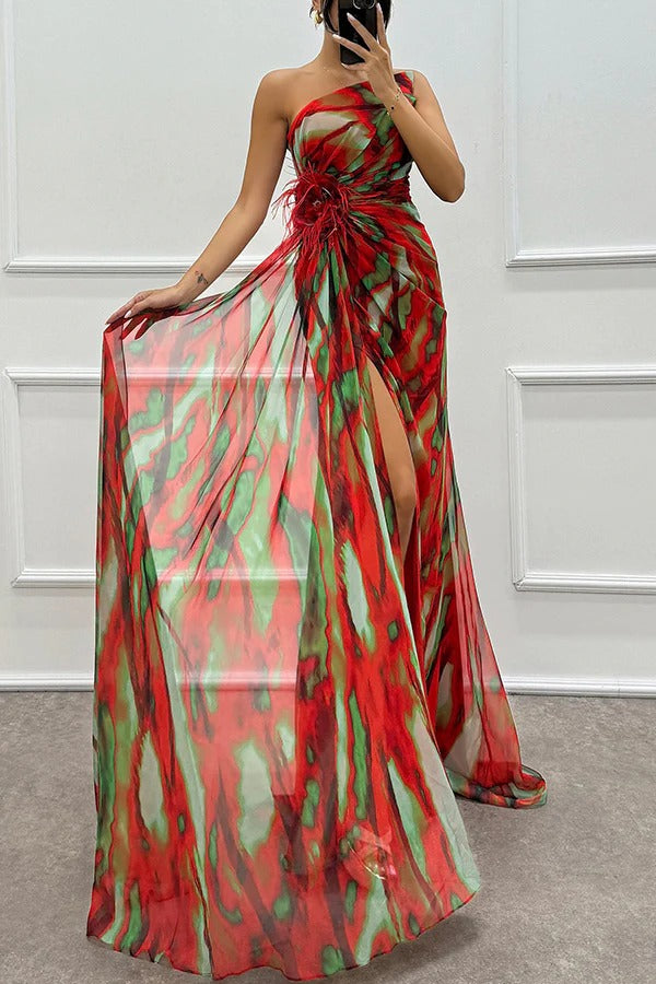 Eva | Damen Maxikleid mit Seitenschlitz und Federverzierung