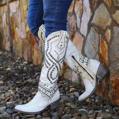 Elke | Damen Westernstiefel mit Nieten, knielang