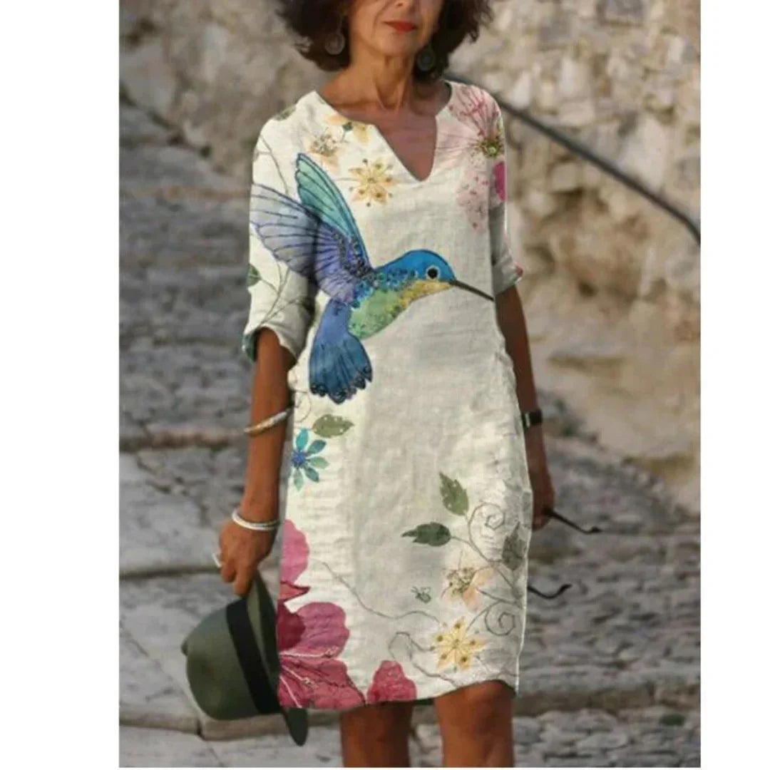 Beatrice | Damen Kleid mit abstraktem Porträt und V-Ausschnitt