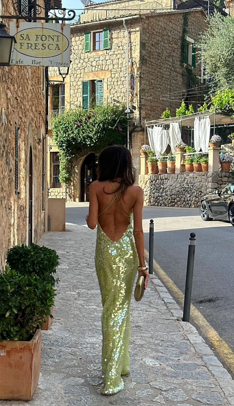 Lena | Damen Sommerkleid mit Quadratkragen und Pailletten