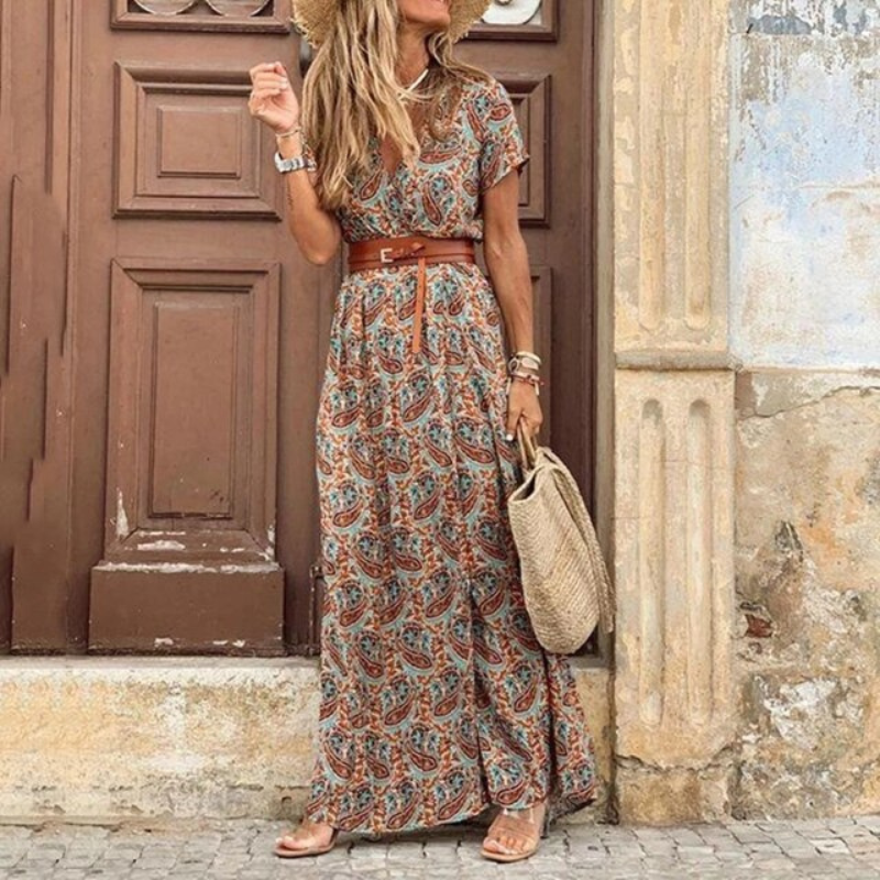 Daniela | Damen Langkleid im Boho-Stil mit V-Ausschnitt