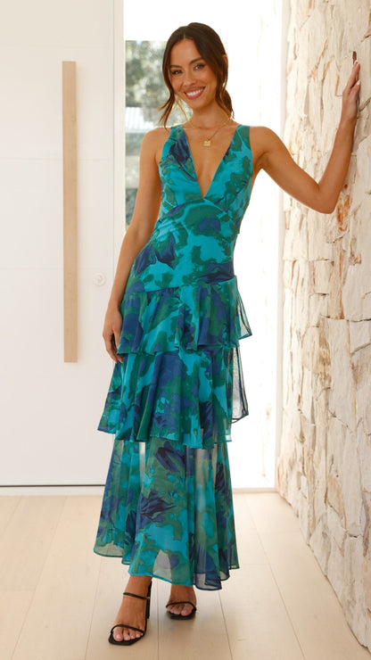 Kirsten | Damen Elegantes Geblümtes Stufen-Maxikleid