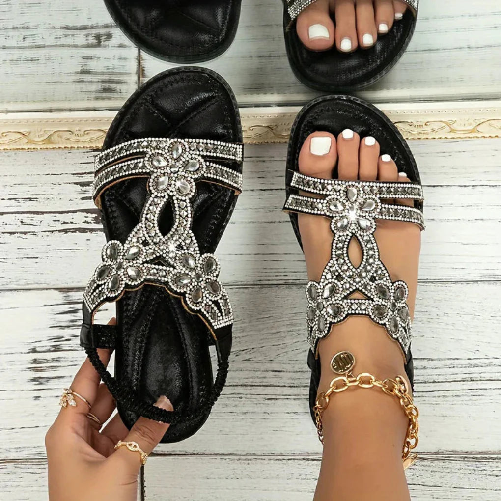 Daniela | Damen Frühlings Florale Verzierungen Flache Sandalen