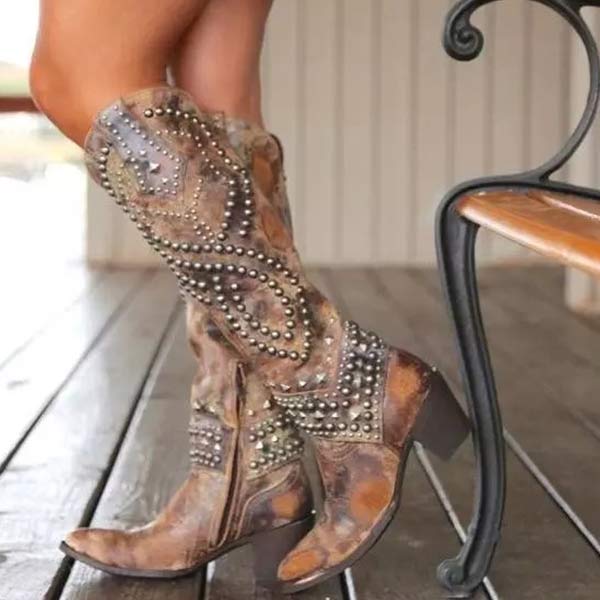 Elke | Damen Westernstiefel mit Nieten, knielang