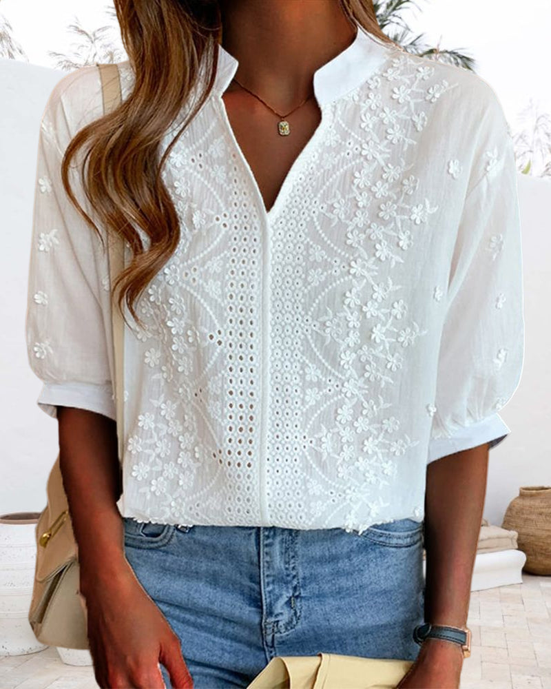 Sabine | Damen Sommerbluse mit V-Ausschnitt und Puffärmeln