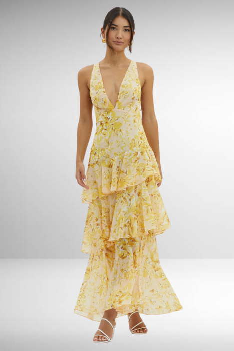 Kirsten | Damen Elegantes Geblümtes Stufen-Maxikleid