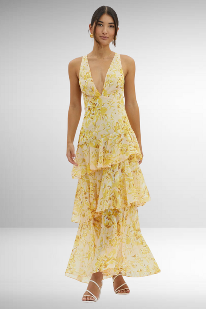Kirsten | Damen Elegantes Geblümtes Stufen-Maxikleid
