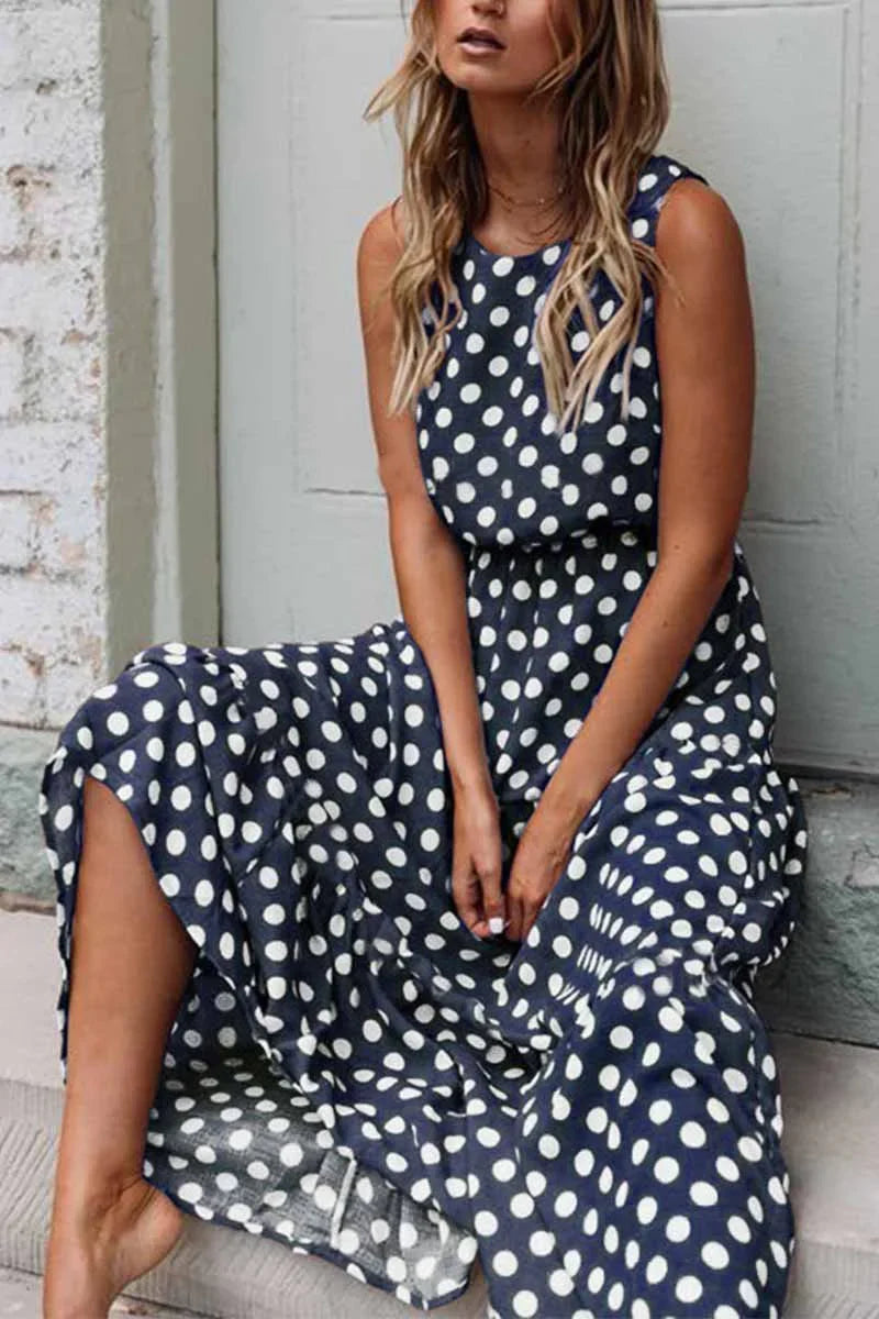 Helene | Damen Ärmelloses Kleid mit Rundhalsausschnitt und Punktemuster