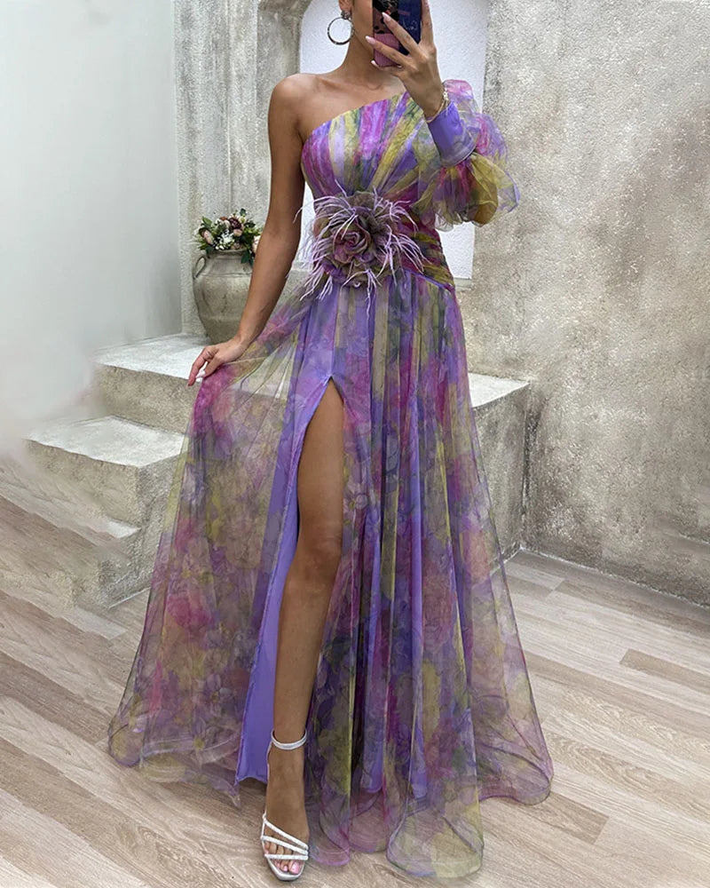 Edith | Damen Maxikleid mit Ein-Schulter-Design, transparentem Stoff und Schlitz