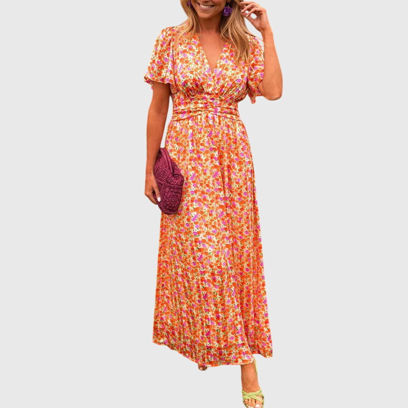 Leonie | Damen Maxikleid mit Blumenmuster und Kurzärmeln