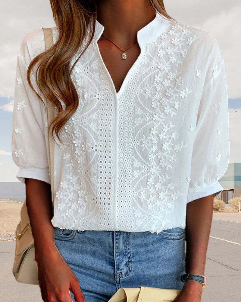 Sabine | Damen Sommerbluse mit V-Ausschnitt und Puffärmeln