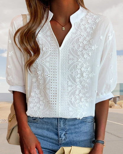 Sabine | Damen Sommerbluse mit V-Ausschnitt und Puffärmeln