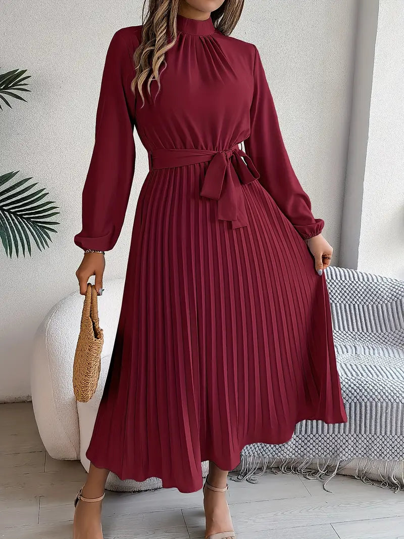 Frieda | Damen Midikleid mit hohem Kragen, Falten und Gürtel