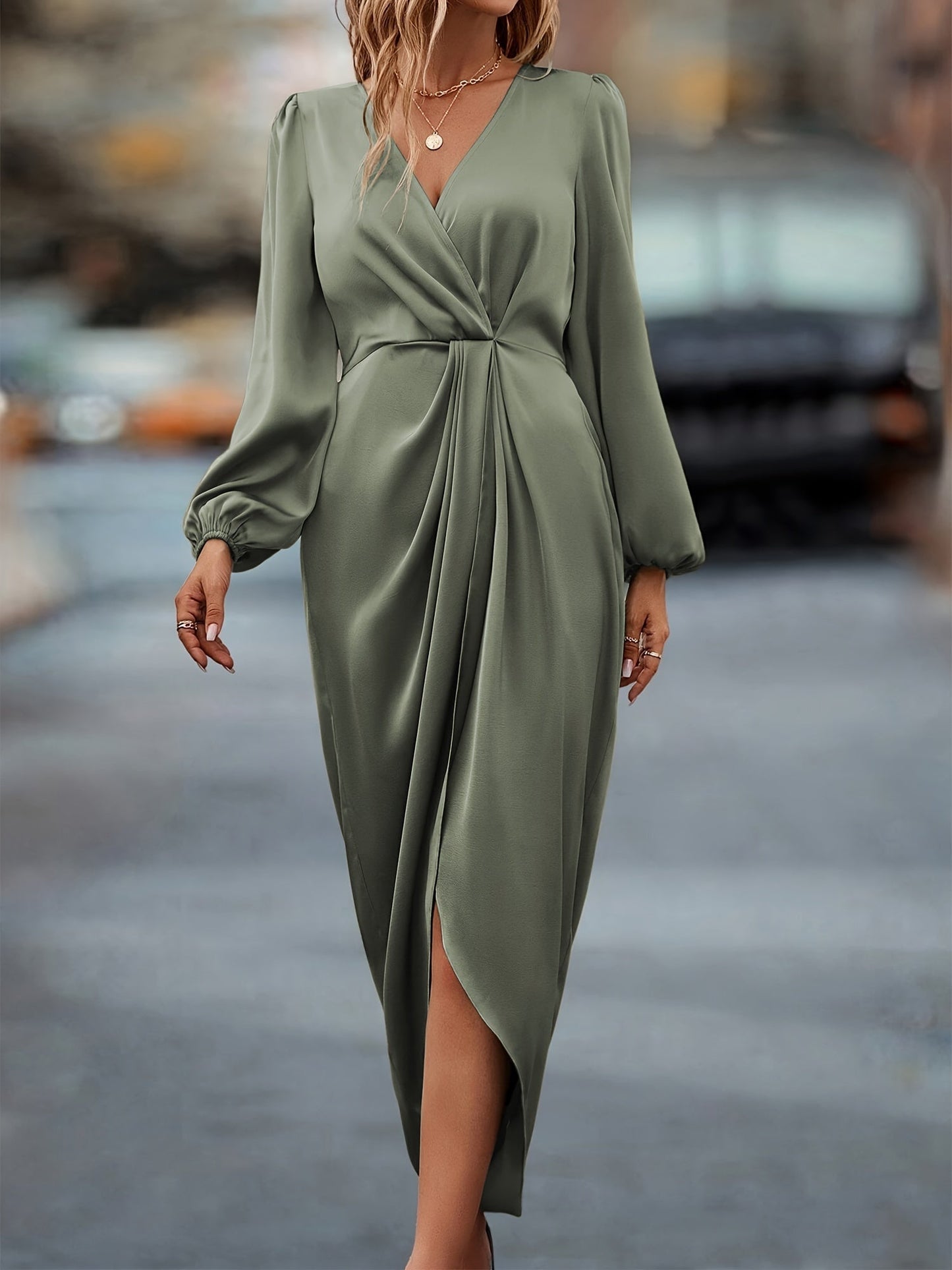 Angela | Damen Schickes Drapiertes Midikleid mit Schlitz