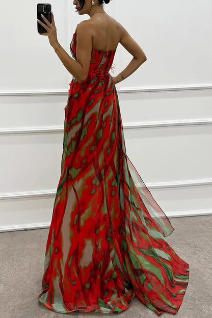 Eva | Damen Maxikleid mit Seitenschlitz und Federverzierung