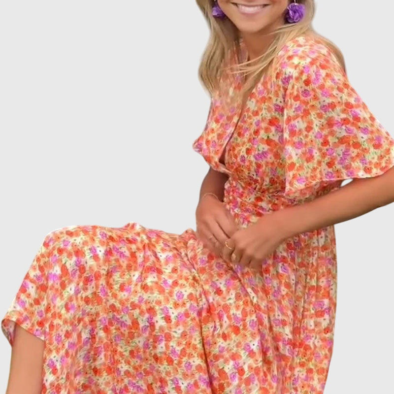 Leonie | Damen Maxikleid mit Blumenmuster und Kurzärmeln