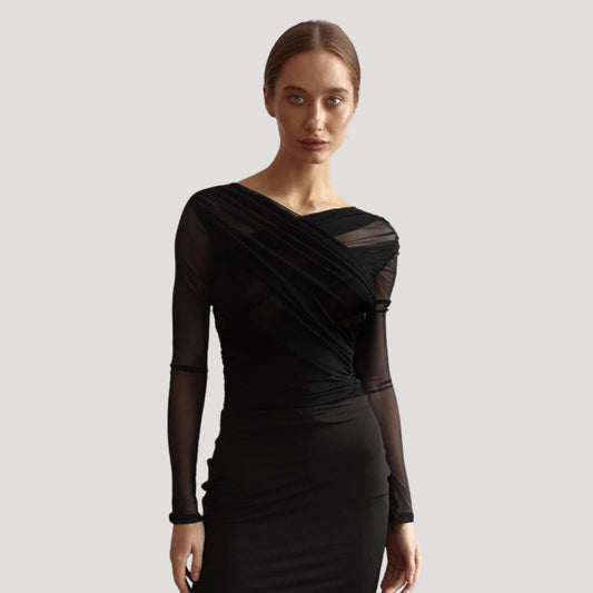 Frieda | Damen Frühlings Transparentes Wickel-Oberteil mit Langarm
