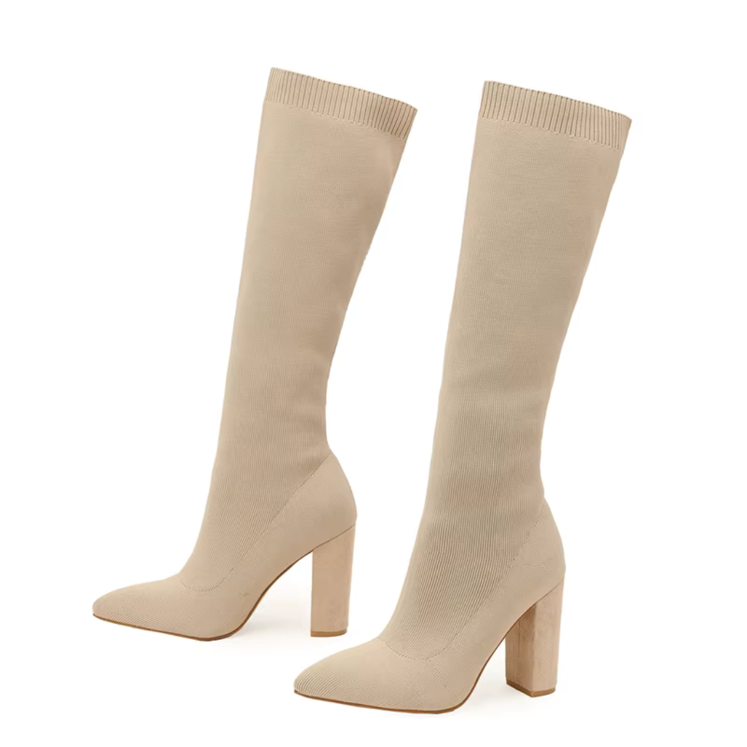 Angela | Damen Herbst Strickstiefel mit Hohem Absatz