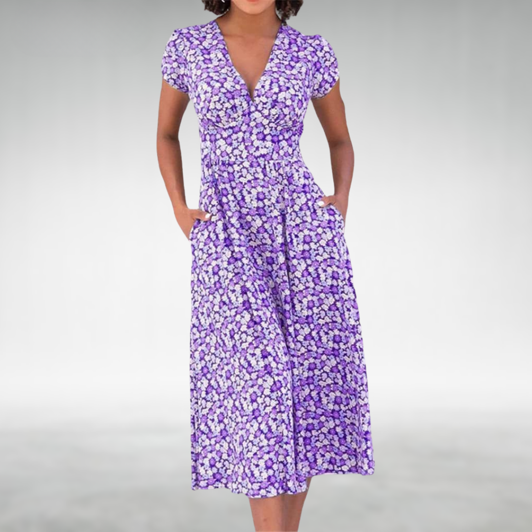 Helene | Damen Blumen V-Ausschnitt Midi Kleid mit Taschen