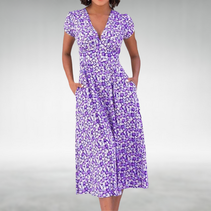 Helene | Damen Blumen V-Ausschnitt Midi Kleid mit Taschen