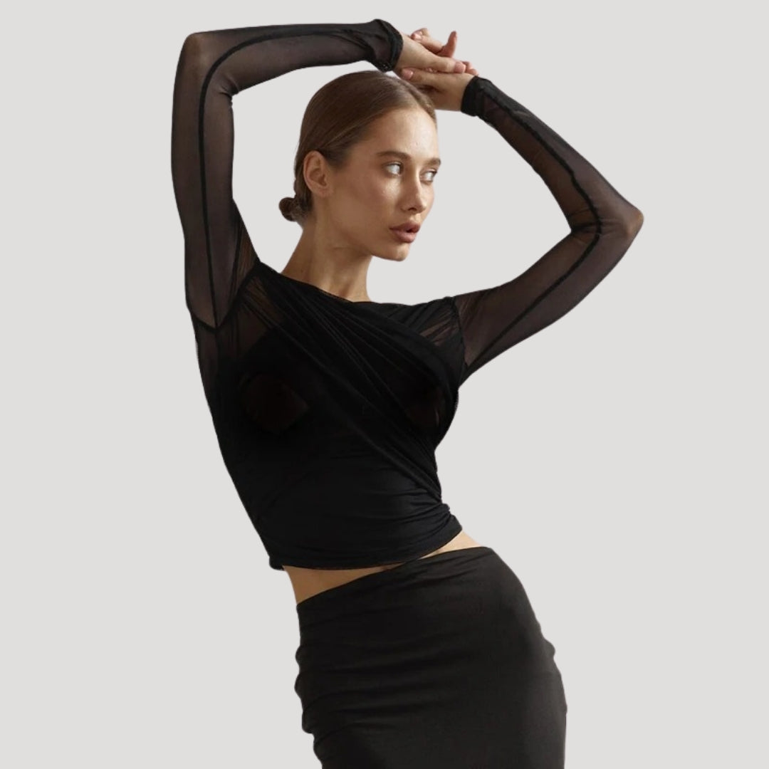 Frieda | Damen Frühlings Transparentes Wickel-Oberteil mit Langarm