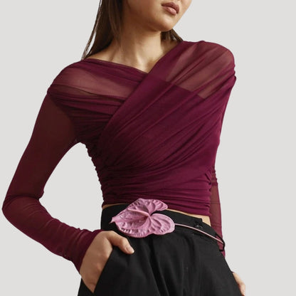Frieda | Damen Frühlings Transparentes Wickel-Oberteil mit Langarm