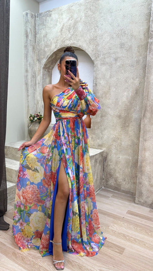 Emilia | Damen Maxikleid mit Ein-Schulter-Design, Blumenmuster und Schlitz