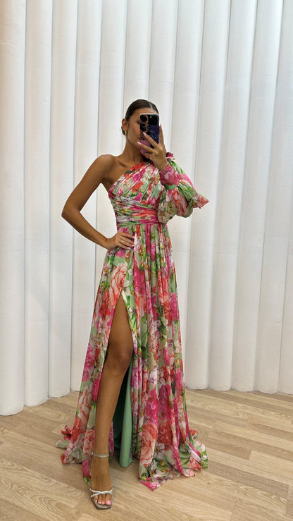 Emilia | Damen Maxikleid mit Ein-Schulter-Design, Blumenmuster und Schlitz