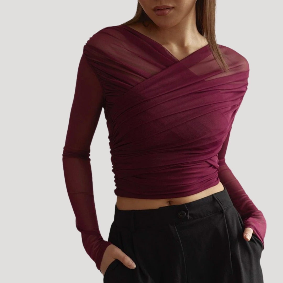 Frieda | Damen Frühlings Transparentes Wickel-Oberteil mit Langarm