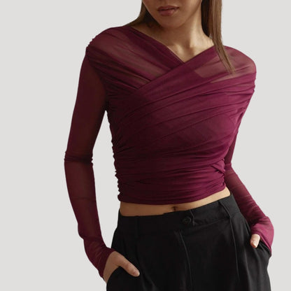 Frieda | Damen Frühlings Transparentes Wickel-Oberteil mit Langarm